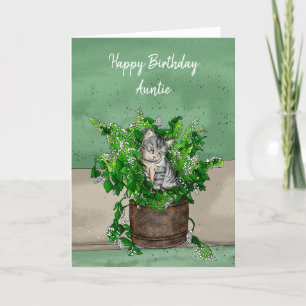 Grey Kitten sitting in a Pot of Catnip Birthday Card