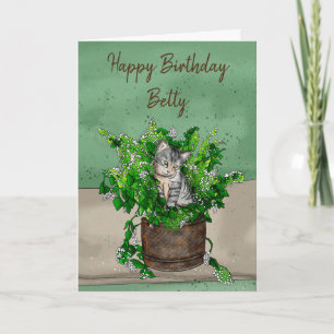 Grey Kitten sitting in a Pot of Catnip Birthday Card