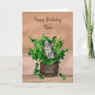 Grey Kitten sitting in a Pot of Catnip Birthday    Card
