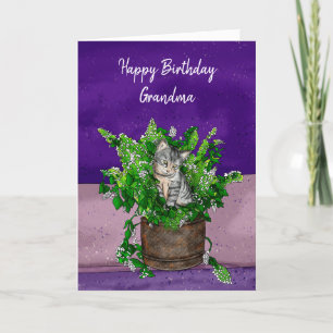 Grey Kitten sitting in a Pot of Catnip Birthday   Card