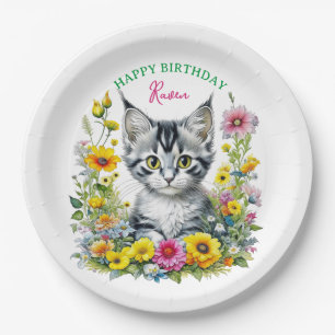 Grey Kitten Themed Girl's Birthday Party Invite Paper Plate
