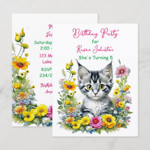 Grey Kitten Themed  Girl's Birthday Party Invite Postcard