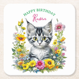 Grey Kitten Themed  Girl's Birthday Party Invite Square Paper Coaster
