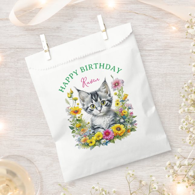 Grey Kitten Themed  Girl's Birthday Personalized Favour Bag (Clipped)