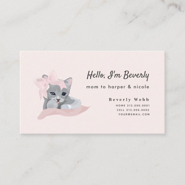 Grey Kitten with Pink Ribbon Mommy Business Card (Front)
