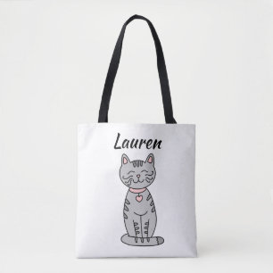 Grey Kitty Cat Personalized Tote Bag