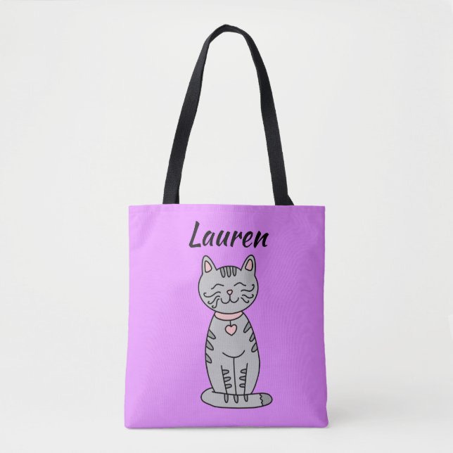 Grey Kitty Cat Personalized Tote Bag (Front)
