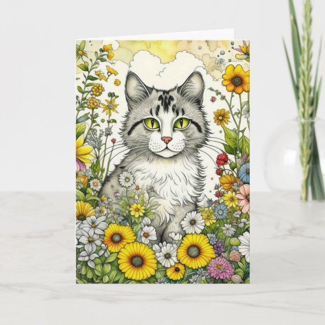 Grey Kitty Cat Sitting in Flowers Birthday Card (Front)