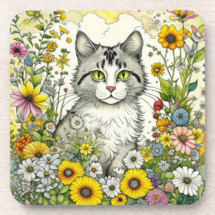 Grey Kitty Cat Sitting in Flowers  Coaster