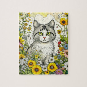 Grey Kitty Cat Sitting in Flowers  Jigsaw Puzzle