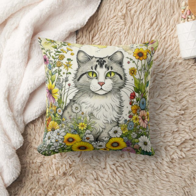 Grey Kitty Cat Sitting in Flowers  Throw Pillow (Blanket)