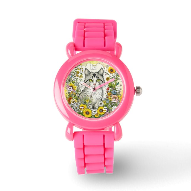 Grey Kitty Cat Sitting in Flowers  Watch (Front)
