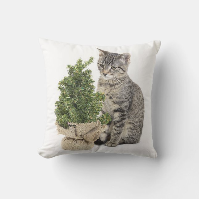 Grey Kitty Green Tree Throw Pillow (Front)