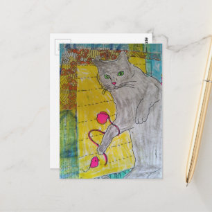 Grey Kitty mixed media collage Postcard