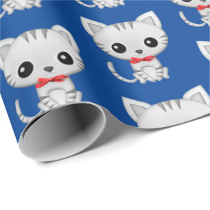 Grey kitty on blue wrapping paper