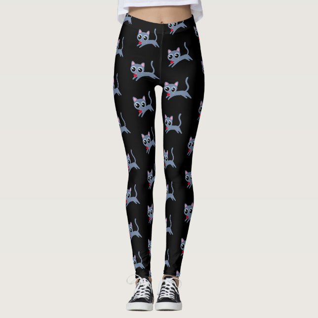 Grey Kitty Running Away with a Heart Leggings (Front)