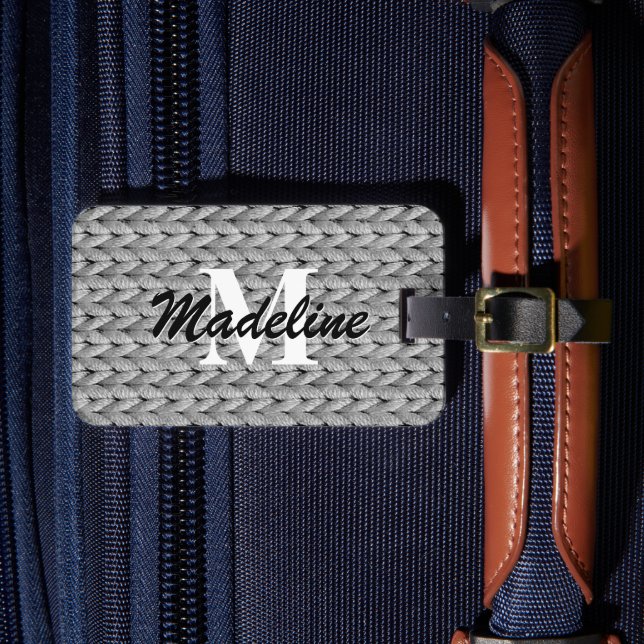 Grey Knitted Luggage Tag + Name, Monogram (Front Insitu 4)