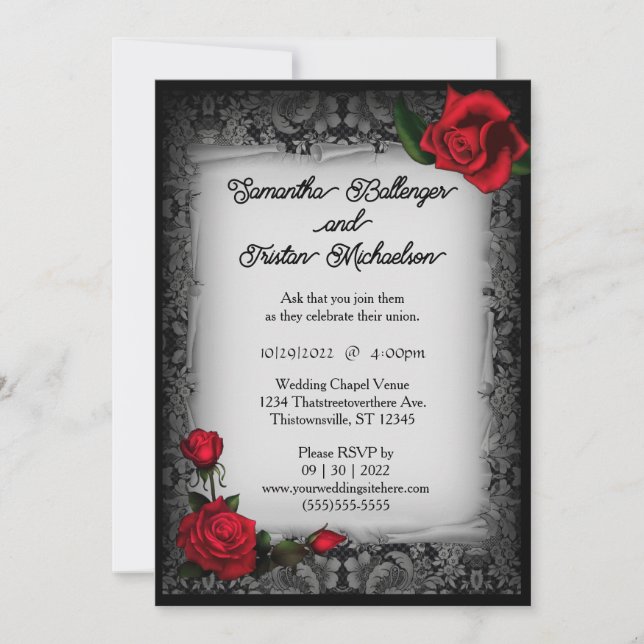 Grey Lace and Roses Parchment Goth Wedding Invitation (Front)