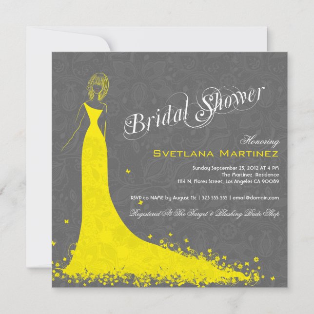 Grey Lace With Yellow Wedding Dress Invitation (Front)