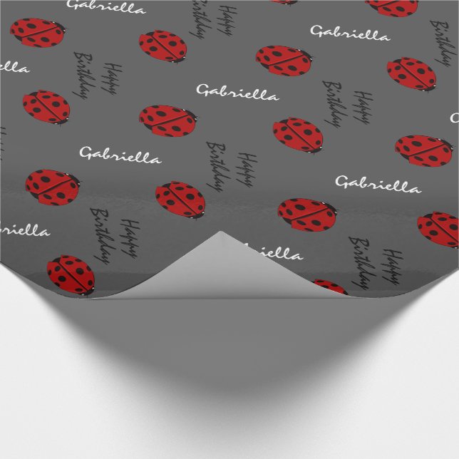 Grey Ladybug Personalized Birthday Wrapping Paper (Corner)