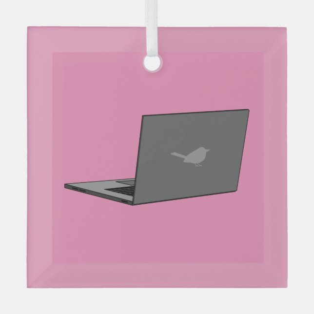 Grey Laptop with Bird Logo Cartoon Glass Ornament (Front)
