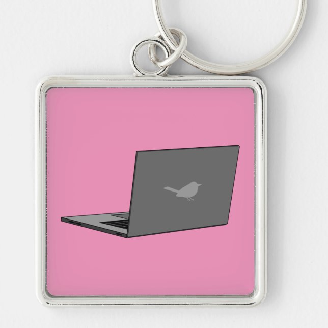 Grey Laptop with Bird Logo Cartoon Keychain (Front)