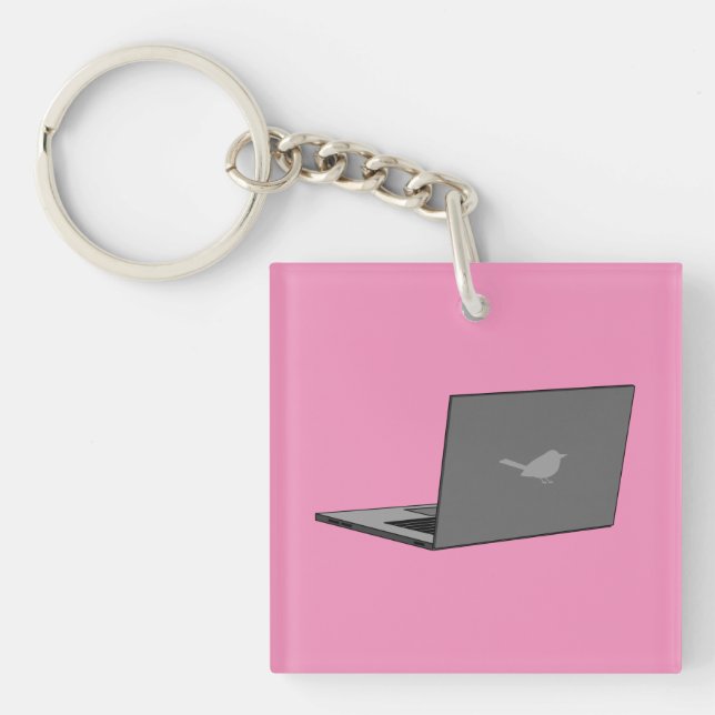 Grey Laptop with Bird Logo Cartoon Keychain (Front)