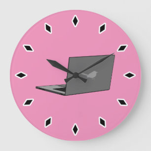 Grey Laptop with Bird Logo Cartoon Large Clock