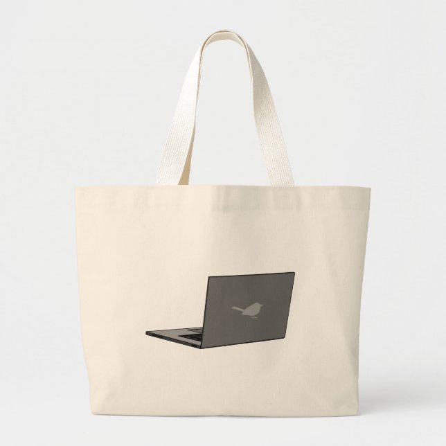 Grey Laptop with Bird Logo Cartoon Large Tote Bag (Front)