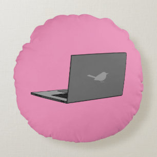 Grey Laptop with Bird Logo Cartoon Round Pillow