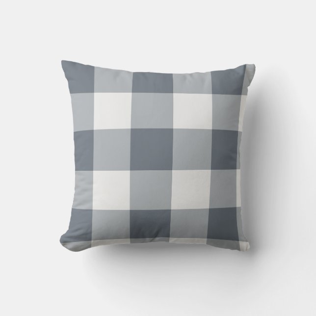 Grey Large Gingham Check Plaid Throw Pillow (Front)