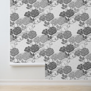 Grey Large Vintage Victorian Floral Roses and Dots Wallpaper