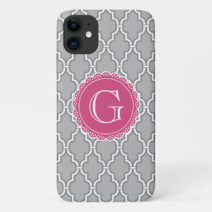 Grey Lattice Floral Pink Monogram iPhone 11 Case