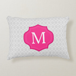 Grey Lattice Pattern Hot Pink Monogram Decorative Pillow