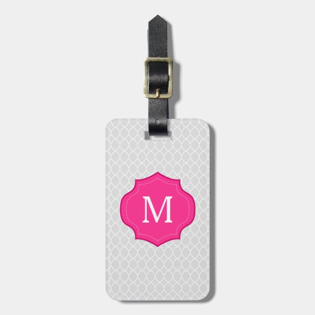 Grey Lattice Pattern Hot Pink Monogram Luggage Tag (Front Vertical)