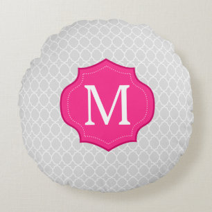 Grey Lattice Pattern Hot Pink Monogram Round Pillow