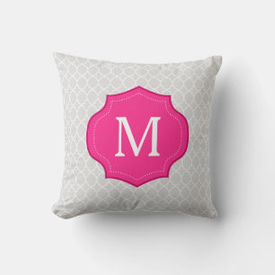 Grey Lattice Pattern Hot Pink Monogram Throw Pillow