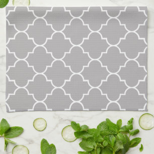 Grey Latticework, Quatrefoil, Moroccan Trellis Kitchen Towel