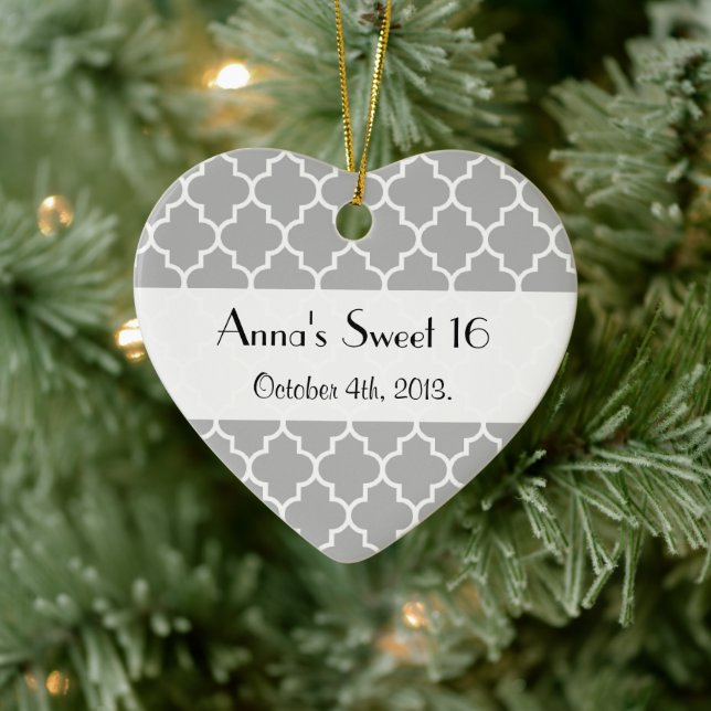 Grey Latticework, Quatrefoil, Trellis, Sweet 16 Ceramic Ornament (Tree)