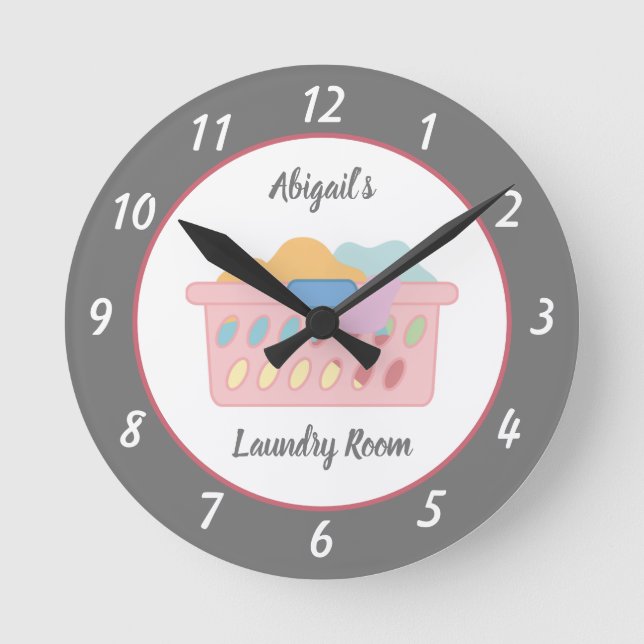 Grey Laundry Room Personalized Round Clock (Front)