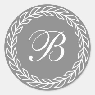 Grey Laurel Wreath with Custom Monogram Classic Round Sticker