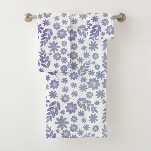 Grey & Lavender Floral Pattern Bath Towel Set (Insitu)