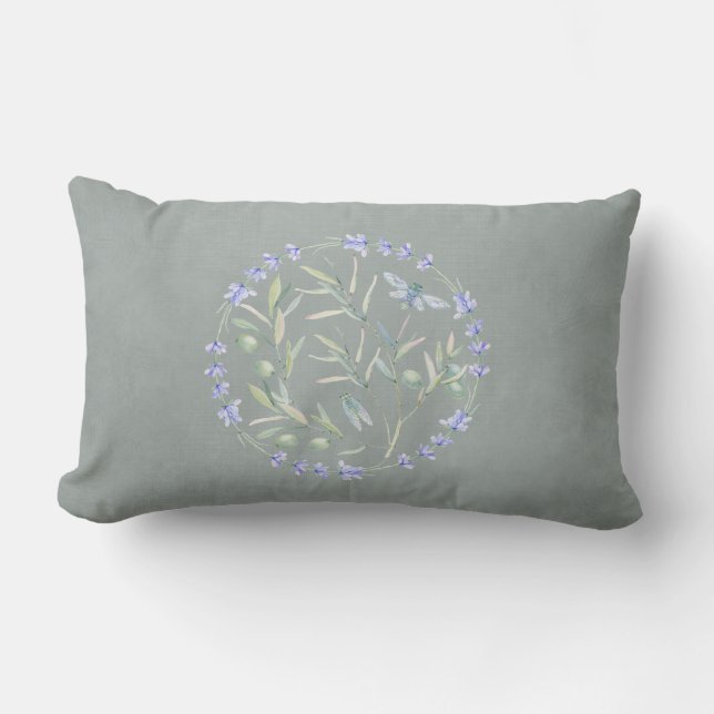 Grey Lavender Olive Branch and Bee Wreath Lumbar Pillow (Front)