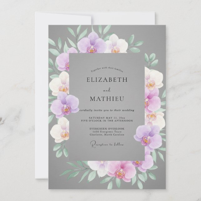 Grey Lavender Orchid Wedding Invitation (Front)