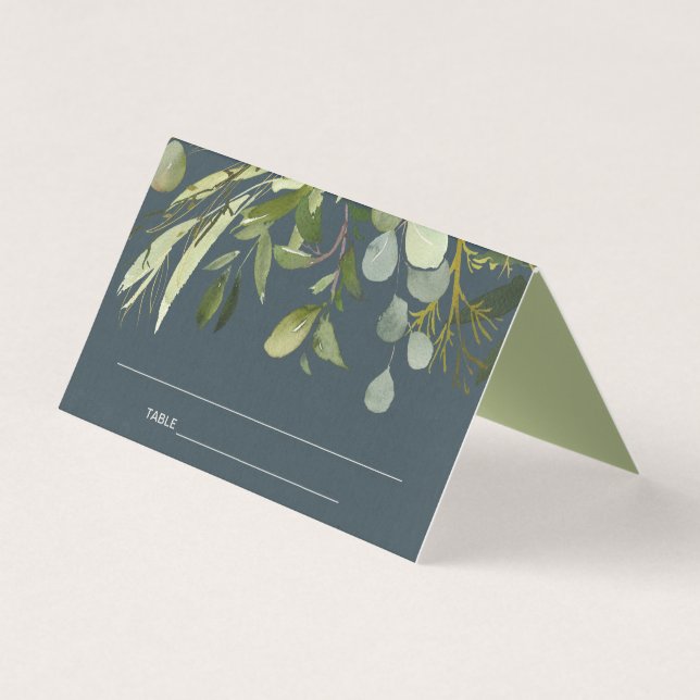 GREY LEAFY GREEN GOLD FOLIAGE WEDDING PLACE CARD (Front)
