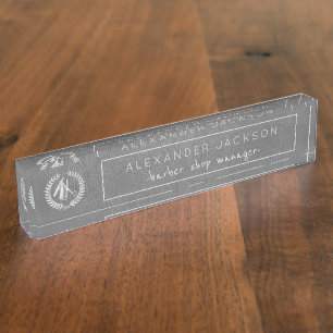 Grey Leather and Silver Logo Barber Shop Manger Nameplate