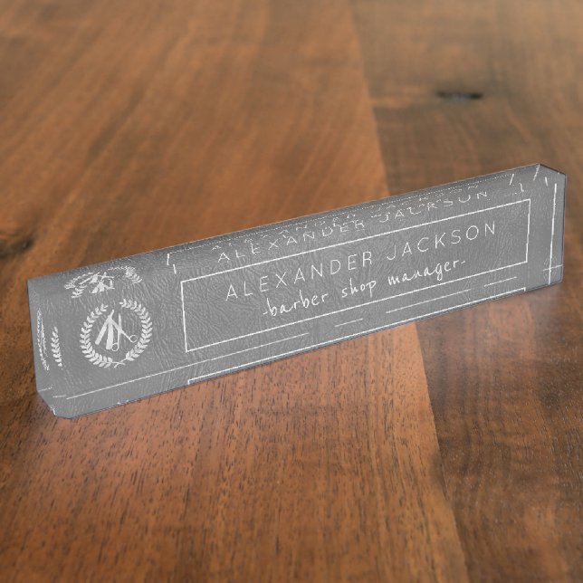 Grey Leather and Silver Logo Barber Shop Manger Nameplate (Side)