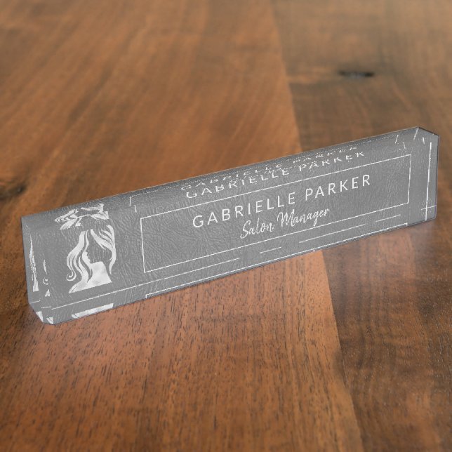Grey Leather and Silver Logo Hair Salon Manager Nameplate (Side)