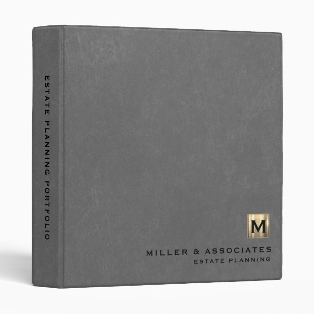 Grey Leather Luxury Gold Initial Logo Binder (Front/Spine)