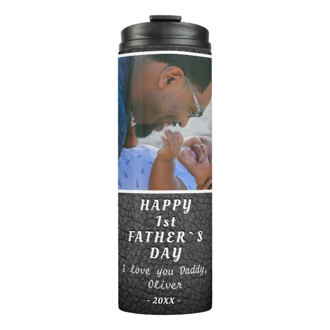 Grey Leather Print 1st Father`s Day 2 Photo Thermal Tumbler (Front)